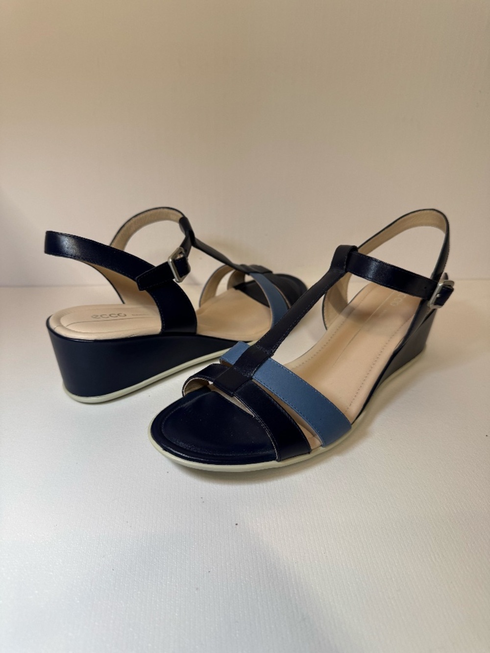 Ecco Black and Blue Leather Wedge Sandals